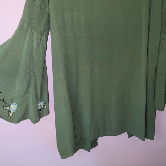 Blue Rain Cardigan L Gauzy Green Bell Sleeve Embroidered Open Front - Picture 9 of 10